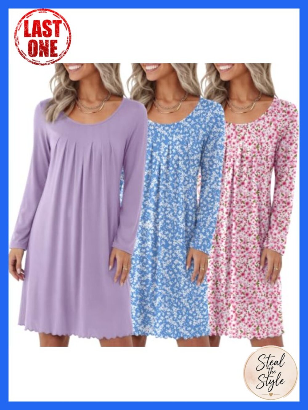 Women's Long Sleeve Nightgowns 3 Pack Soft Sleep Shirts Loungewear